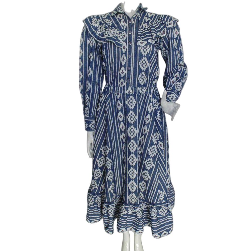 Western Skirt Set, S, 2pc, LS Ruffle shoulder top, Midi Skirt, Tribal Print